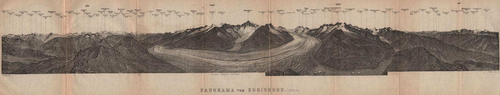 EGGISHORN PANORAMA Aletschhorn Glacier Nesthorn Mont Blanc Leone Eiger 1905 map